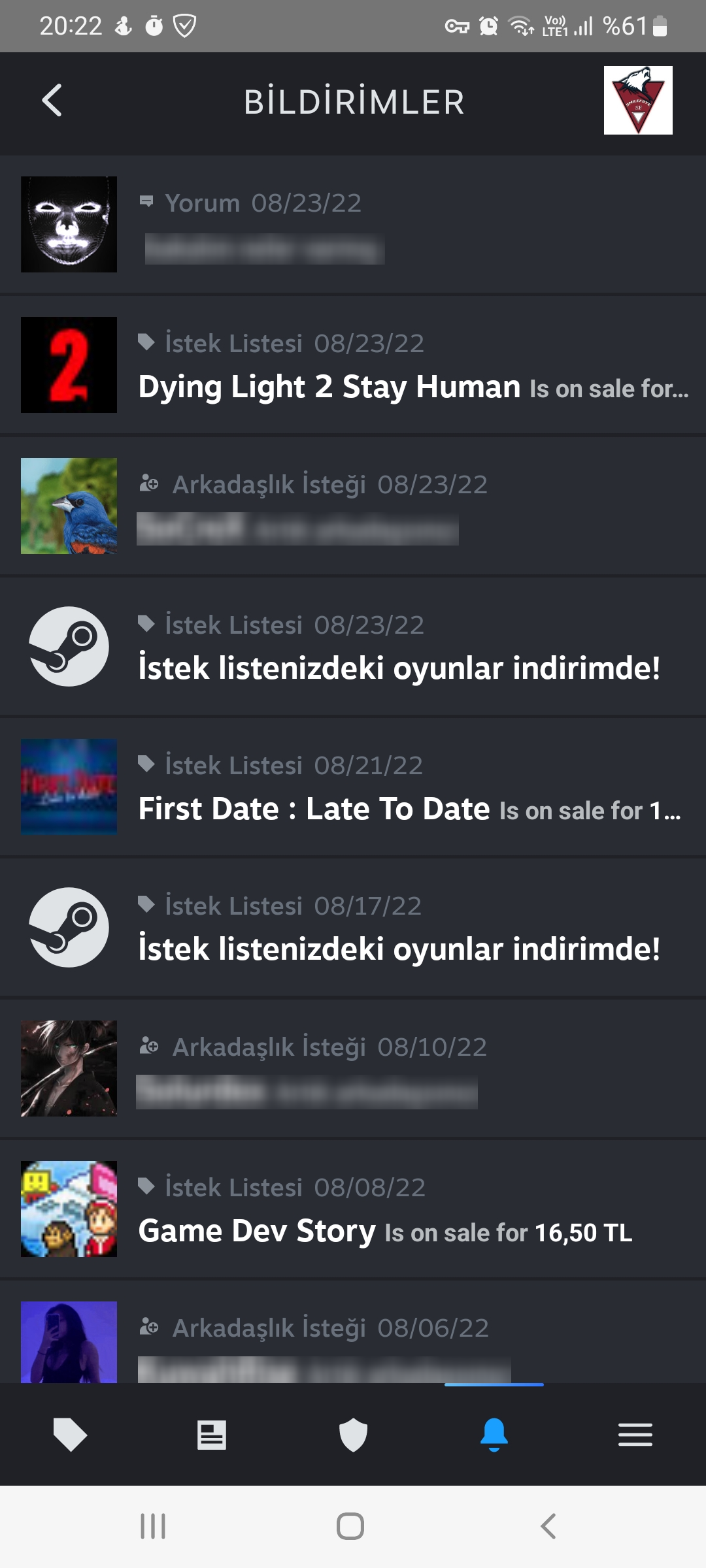 Yenilenen Steam Bildirim Ekranı